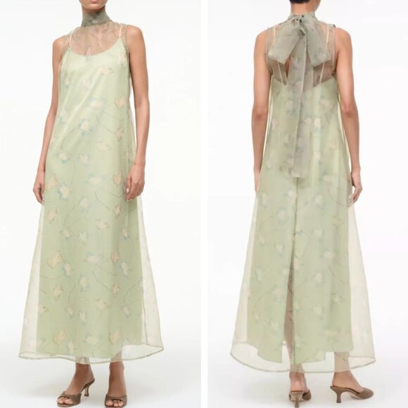 NWT STAUD Albee Maxi Dress Gown Large Botanical Moss Green Floral Party Bow - Picture 1 of 9